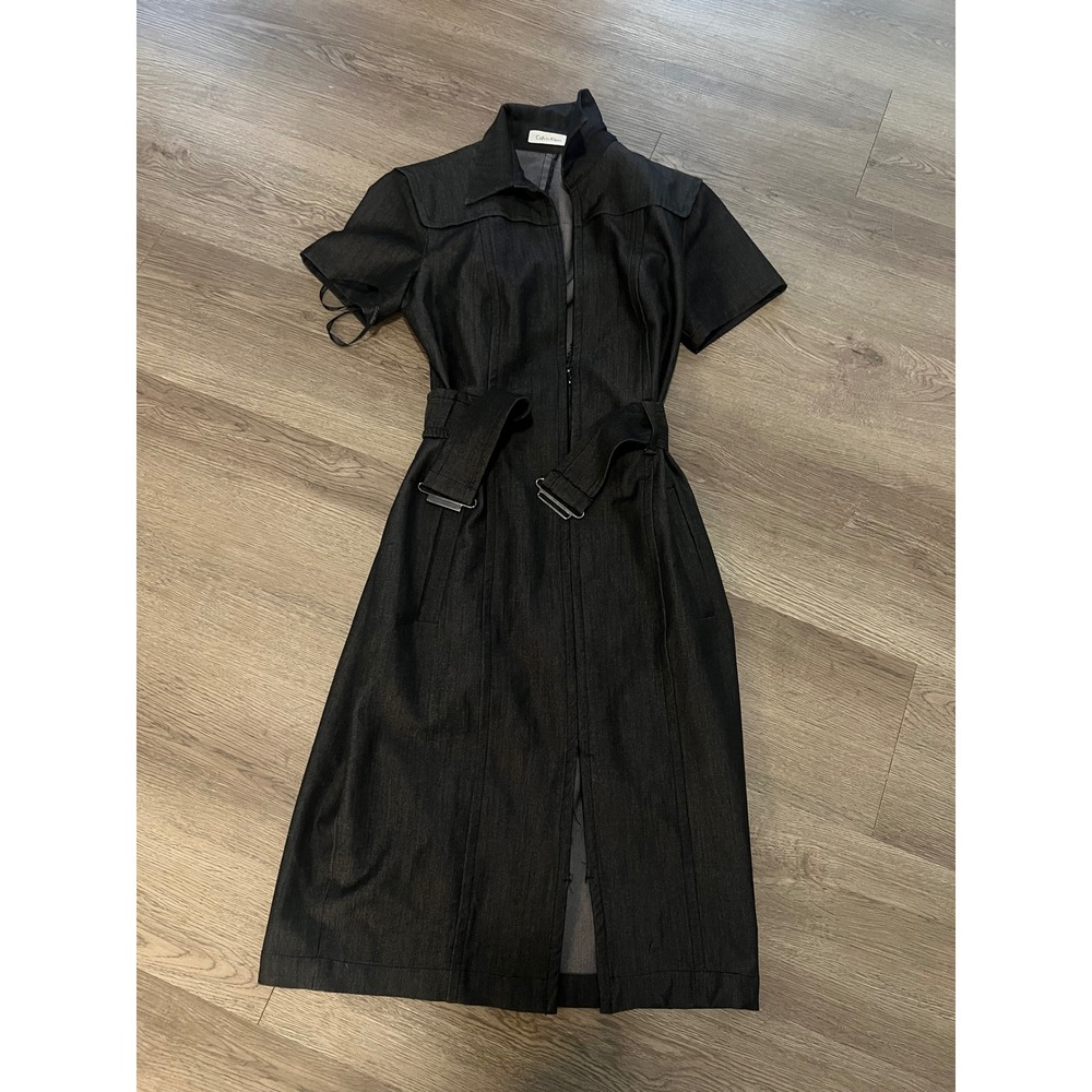Calvin Klein Womens Dark Wash Denim Belted Zip Front Midi Dress Short Sleeve